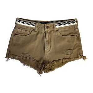 PS Erin Wasson Shorts Khaki Embroidered Waistband Distressed BOHO Size 28